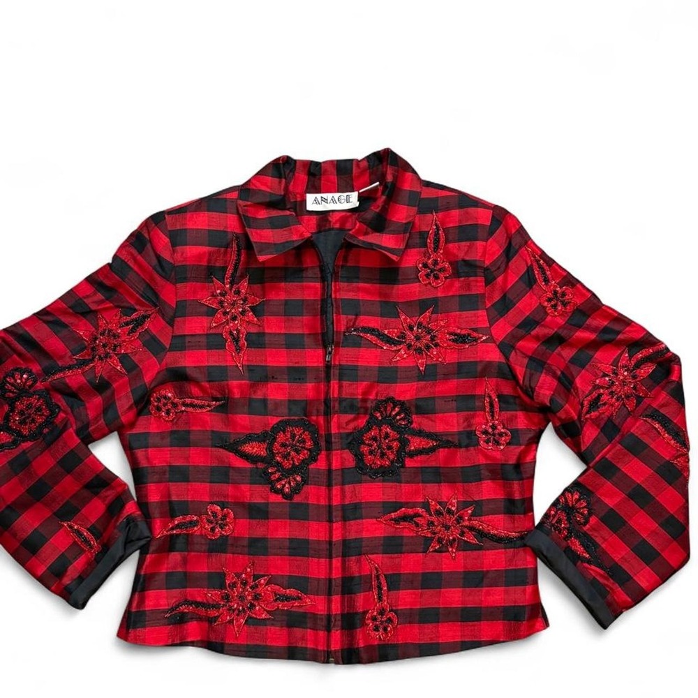 Vintage ANAGE 100% Silk Red Black Plaid Embroidered Sequin Jacket Y2K M